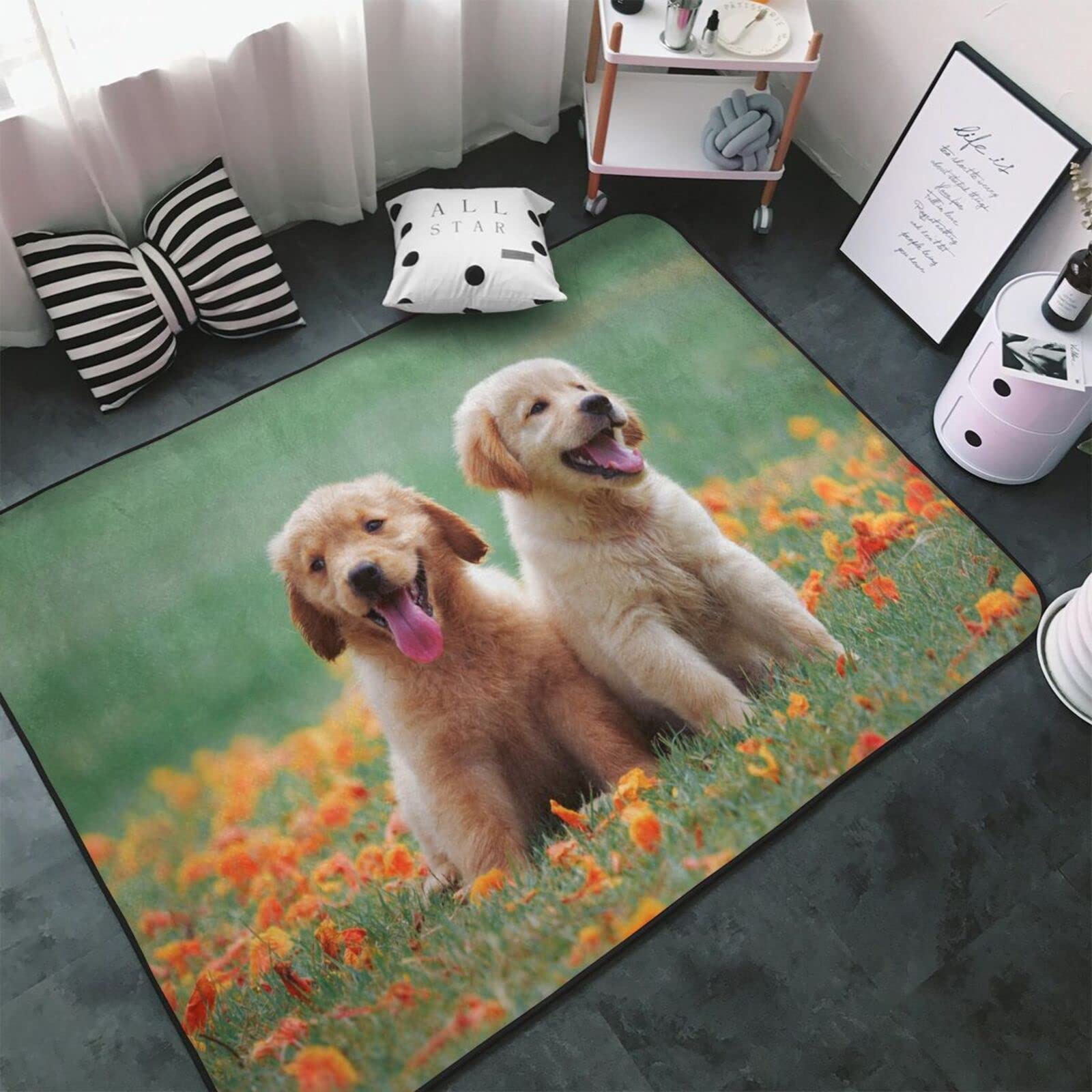 Amazon | 二匹のゴールデンレトリバーの子犬 カーペット 長方形